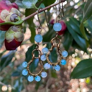 Blue Agate and Wire Wrapped Hoop Earrings